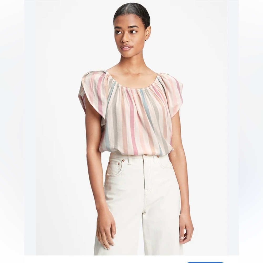 GAP Womens Linen Blend Elastic Bandeau Pink Smocked Ruffle Flutter Sleeve Blouse